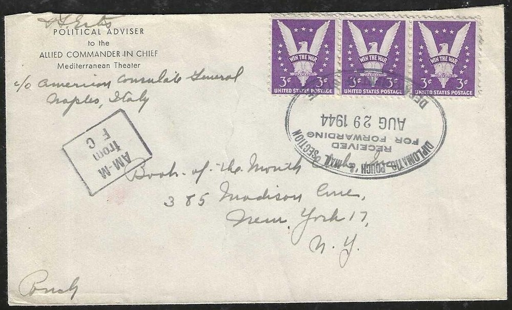 1944 American Consulate Naples Italy DIPLOMATIC POUCH Cover to New York City
