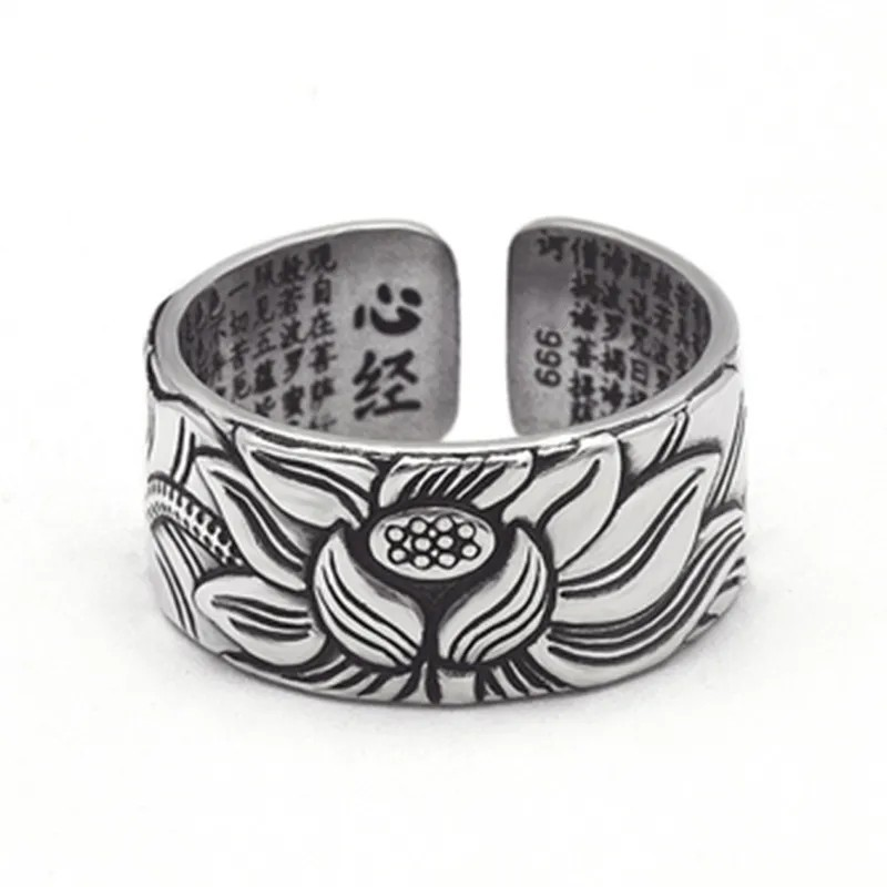 Adjustable Lotus Flower Ring with Intricate Engravings