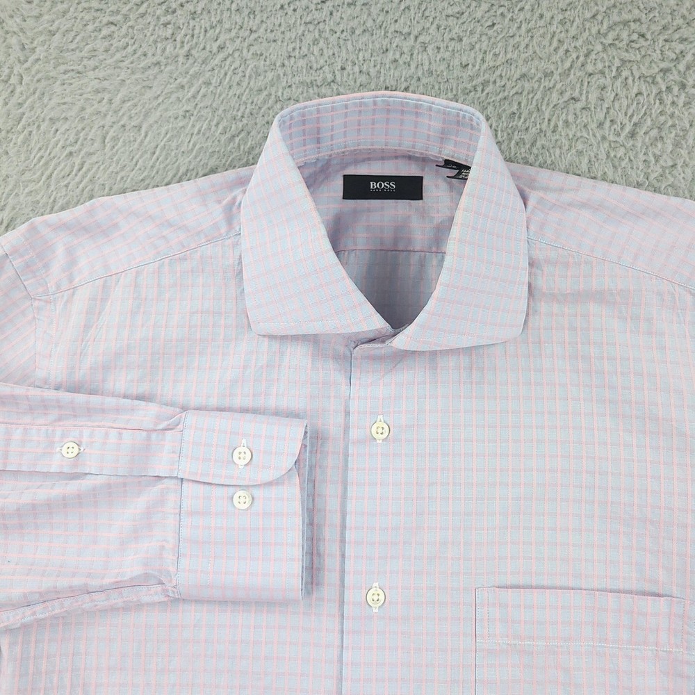 Hugo Boss Dress Shirt Mens 15.5 39 Pink Blue Check Cotton Long Sleeve Slim Fit