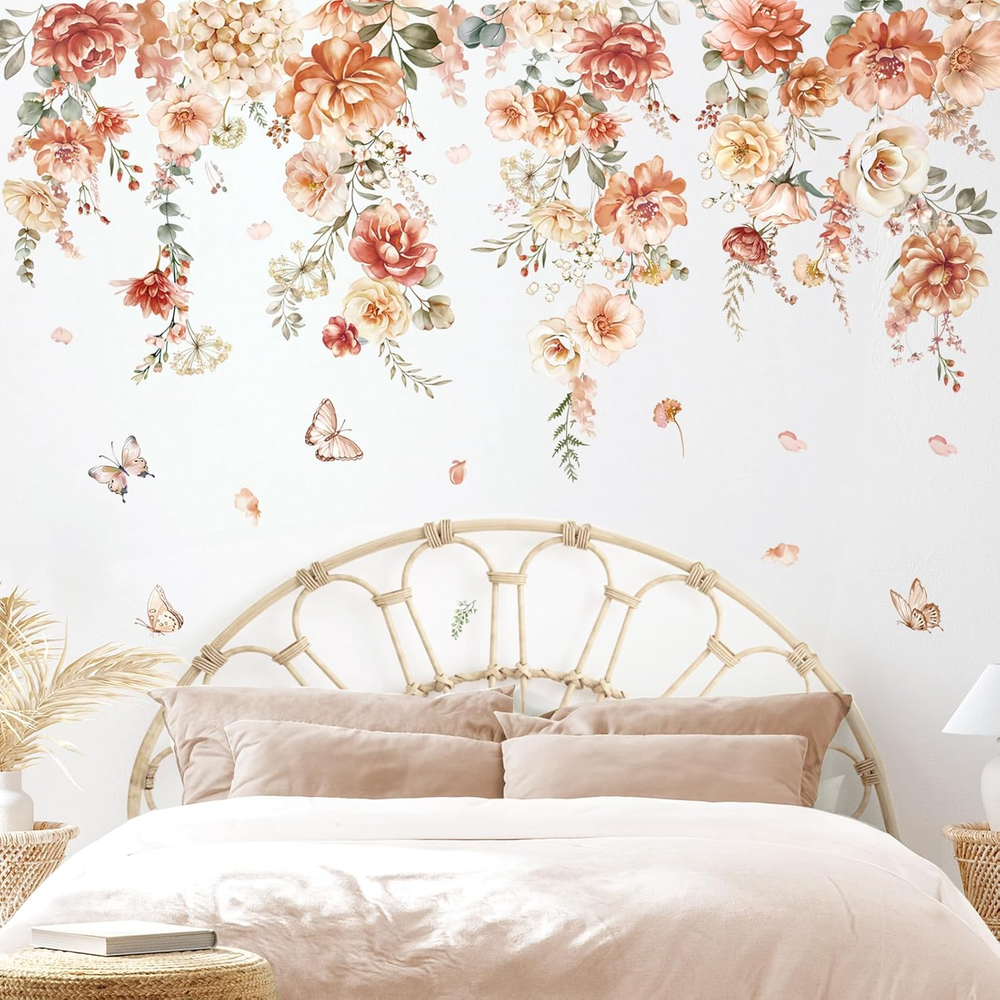 Large Boho Flower Wall Decals Hanging Vine Floral Leaves Wall Art Stickers Bedro