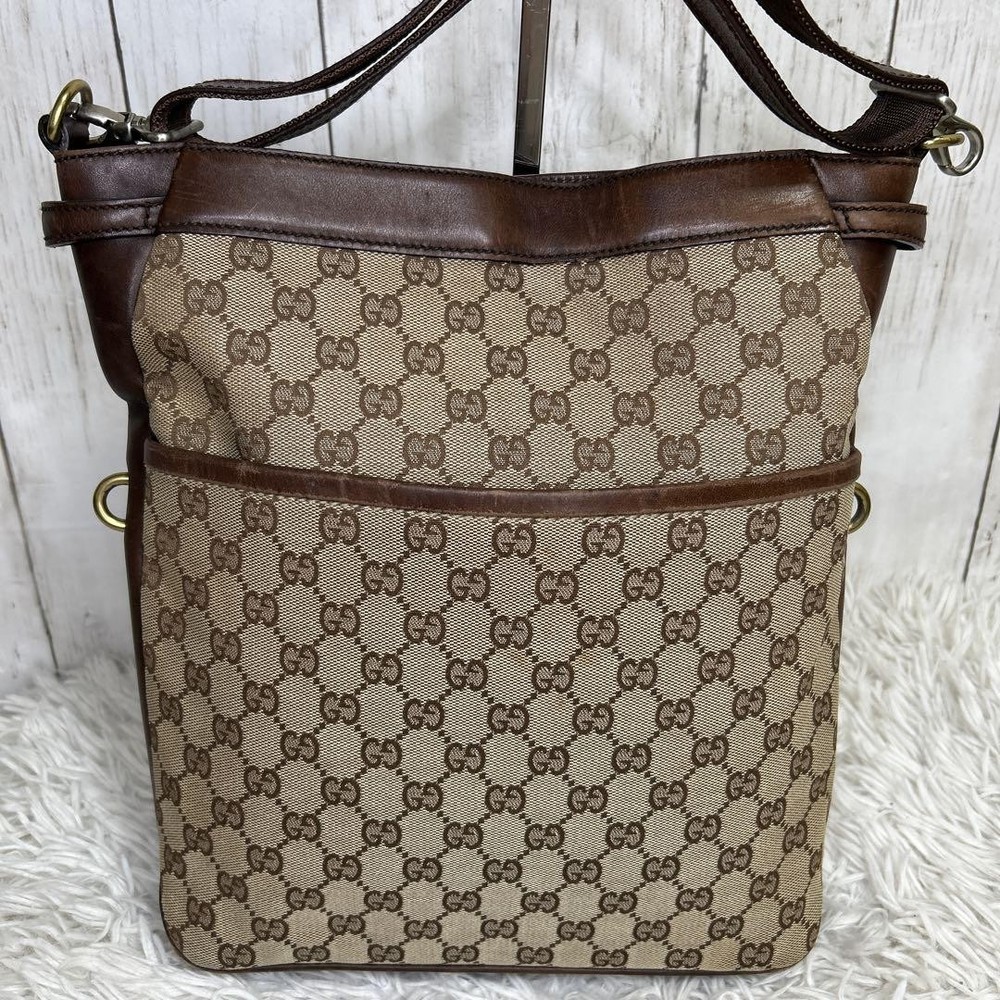 Gucci GG Canvas Brown Leather Shoulder Tote Bag Pre-Owned