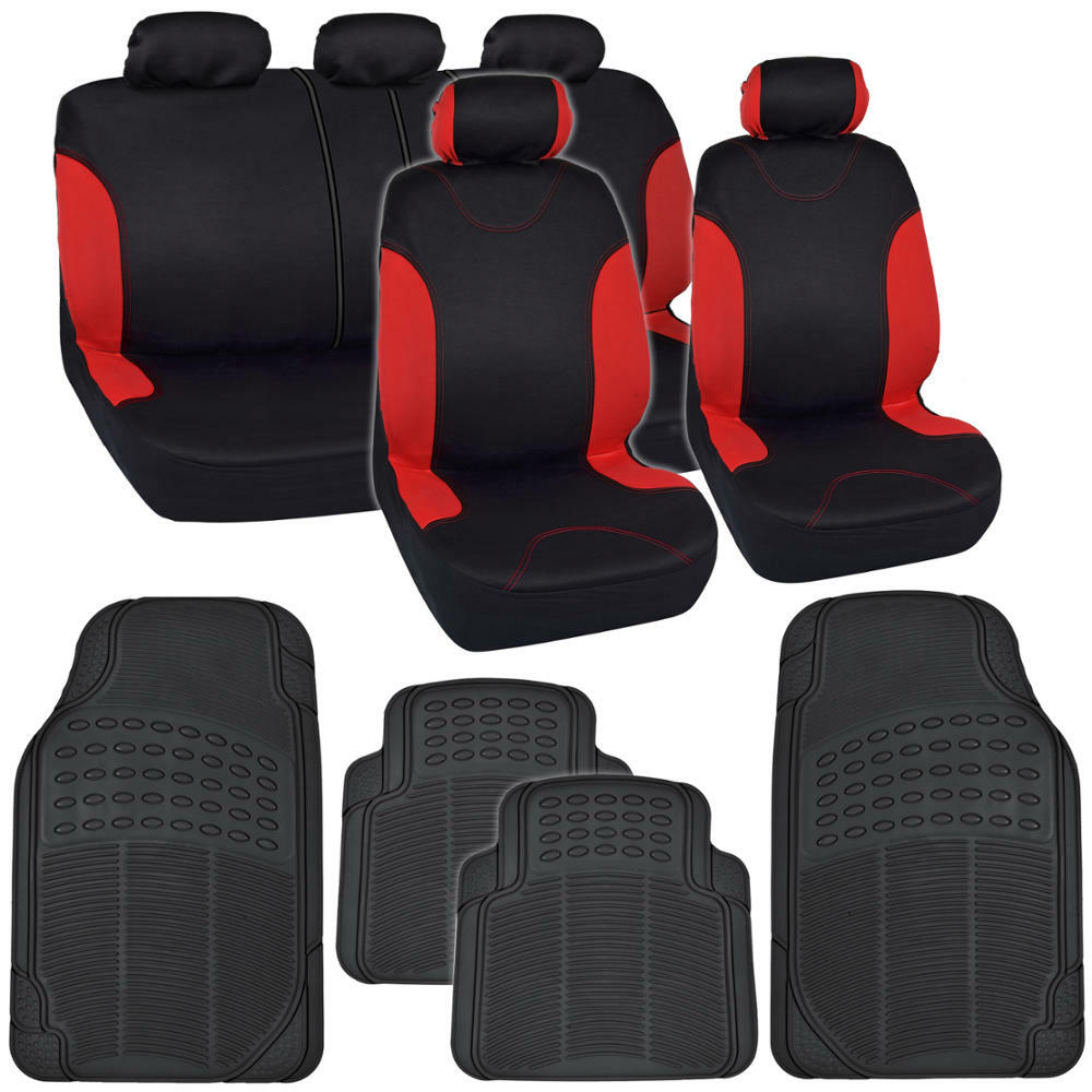 Full Car Seat Covers & Rubber Floor Mats Interior Set Red/Black-Sedan Truck SUV