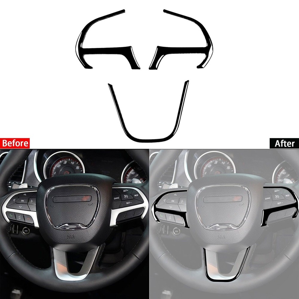 3Pcs Glossy Piano Black Steering Wheel Button Cover For Dodge Challenger 2015-23