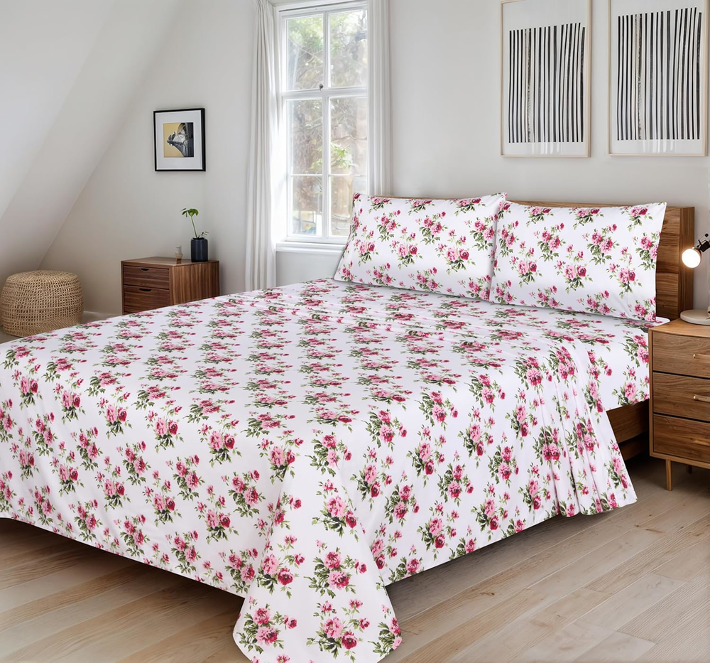 Floral Queen Sheet Set Deep Pocket Microfiber Pink Flower 4 Piece Set