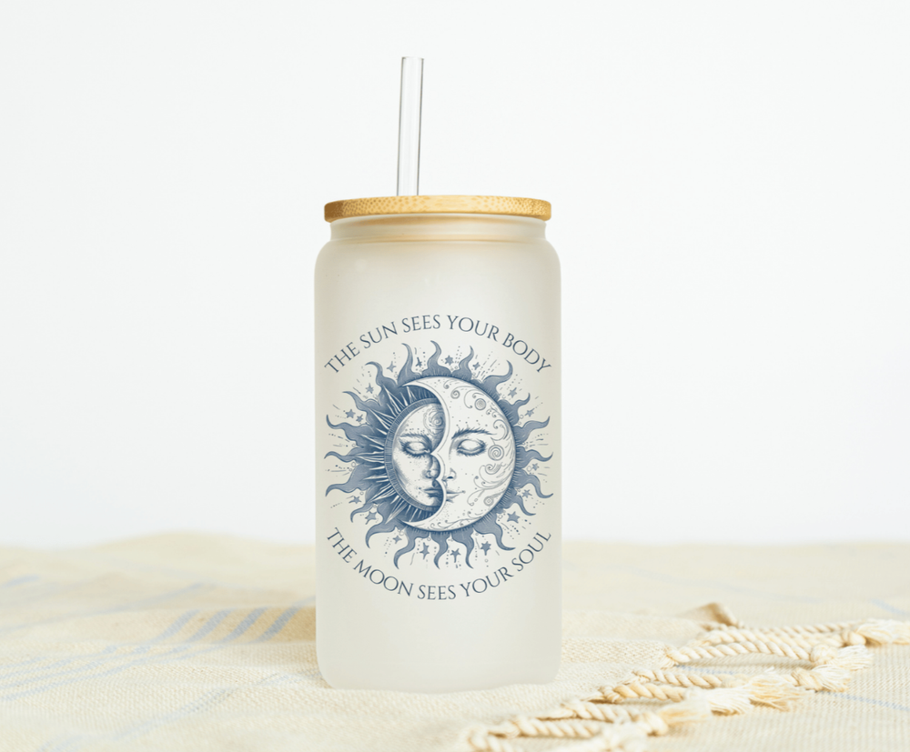 Frosted Glass Can with Bamboo Lid 16 Oz Sun & Moon Design by Mugzan