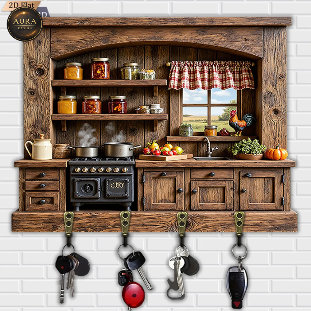 30cm Wall Keychain - Country Vintage Organizer 2D 4 Hooks Entrance