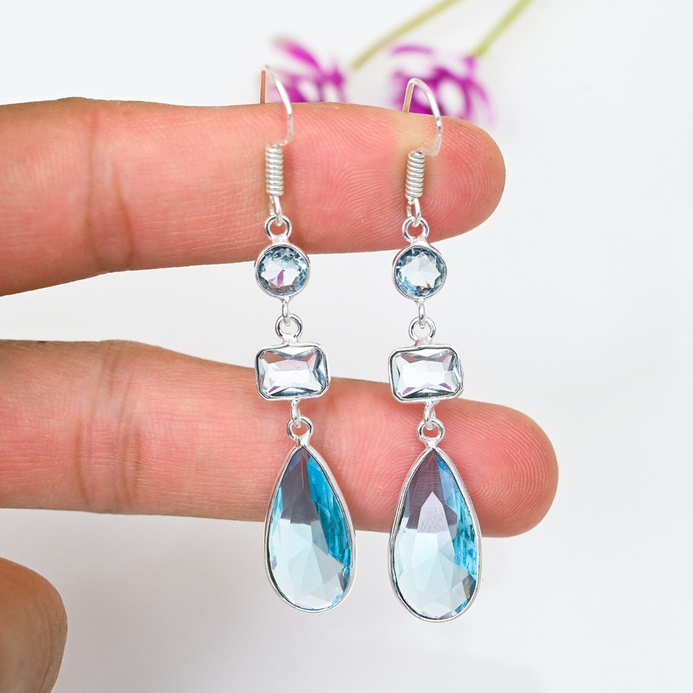 Blue Topaz Sterling Silver Handmade Dangle Earrings for Gift