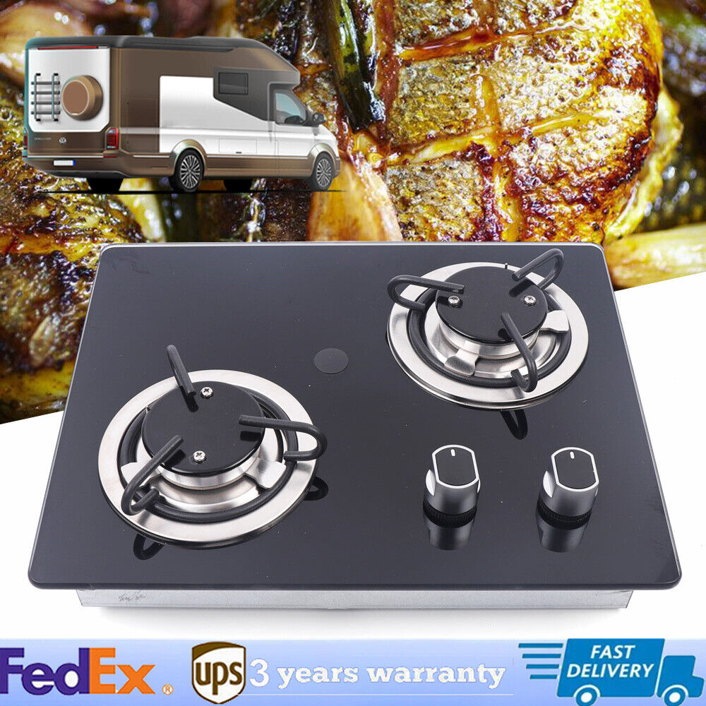 Picnics RV Cooktop Stove 2 Burner Drop-in RV Gas Stove with Tempered Glass Panel