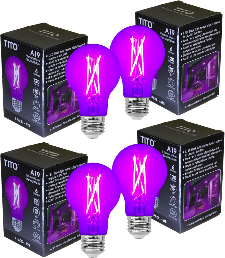 TITO 4 Pack E26 A19 Filament LED Black Light Bulbs, UVA 395Nm 6W Blacklight Bulb