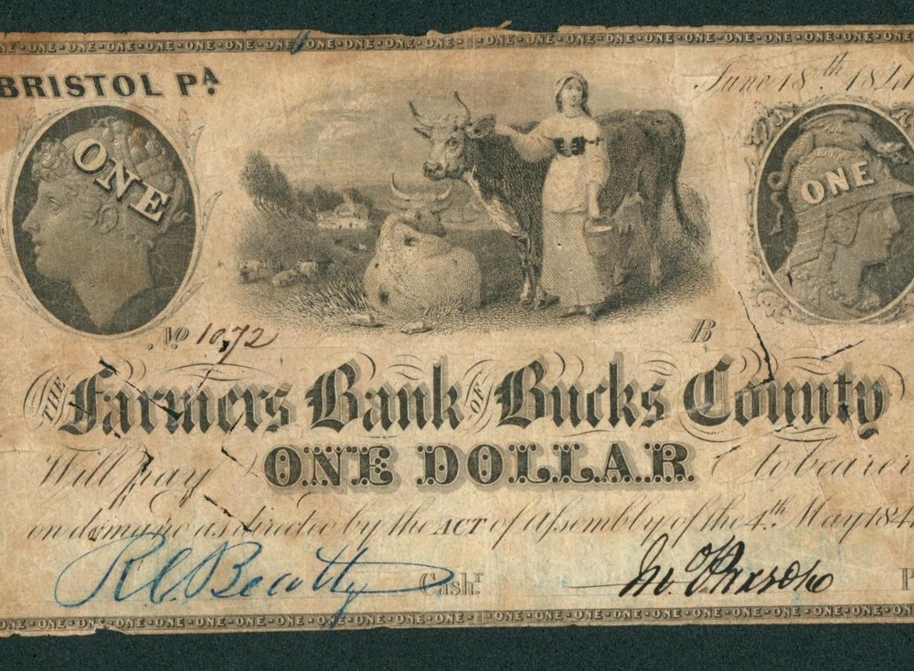 $1 1841 The Farmers Bank of Bucks County - Penn Obsolete Note CURRENCY