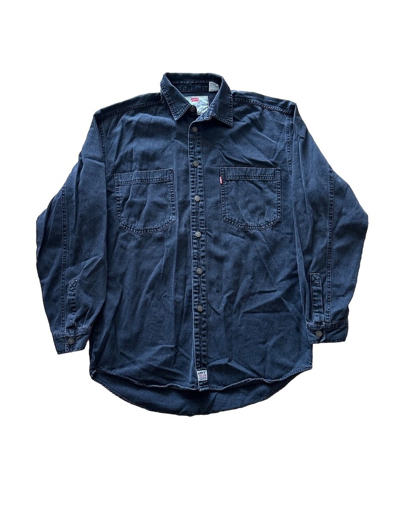 Vintage 90s Levis Red Tab Shirt Mens Small Chambray Denim Black Jean Button Down