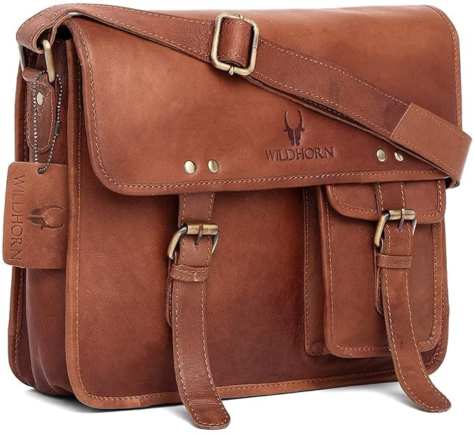 Men's 13.5 Inch Classic Leather Laptop Messenger Bag with Adjustable Strap