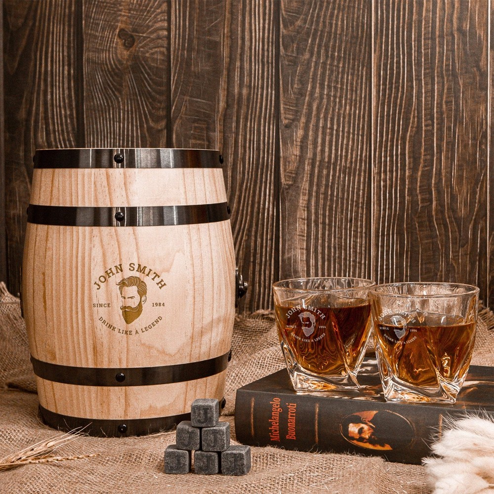 Personalized 2 Twisted Whiskey Glasses with 6 Ice Stones in Wooden Barrel Gift Set