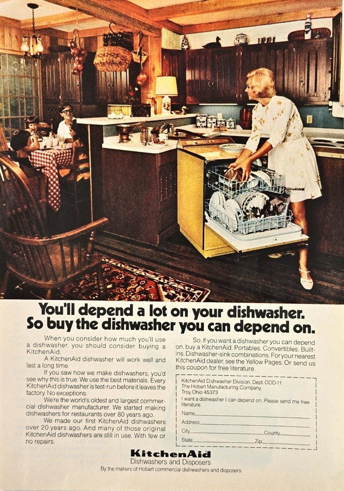KitchenAid Portable Dishwasher Family Dinner Vintage 1970 Print Ad 7 3/4x11