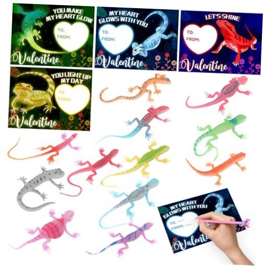 24 Pcs Pcs Valentine's Day Cards with Glow in Dark Lizards and Clear Gift