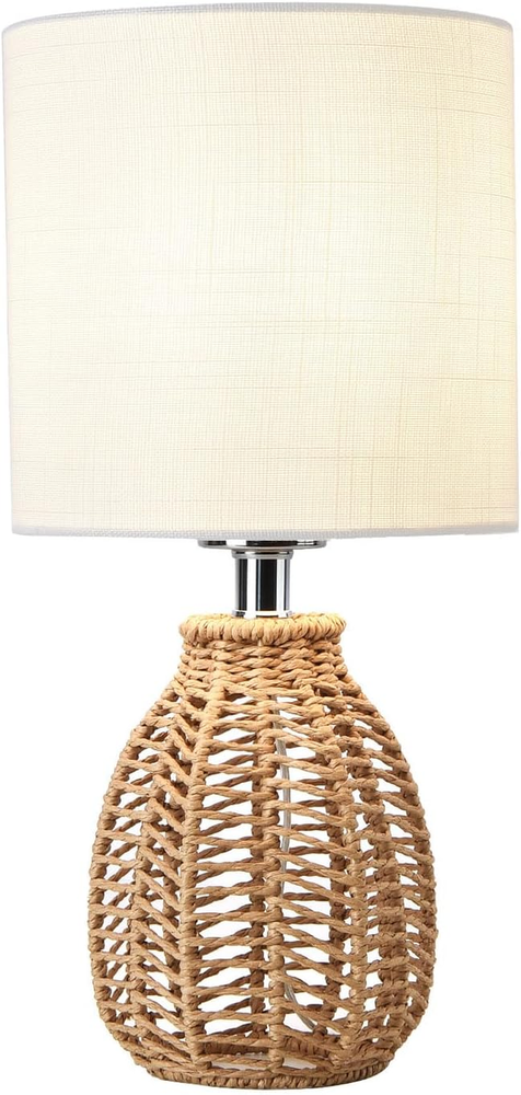 Rattan Table Lamp, Small Nightstand Lamp with Linen Fabric Lampshade, Desk Lamp