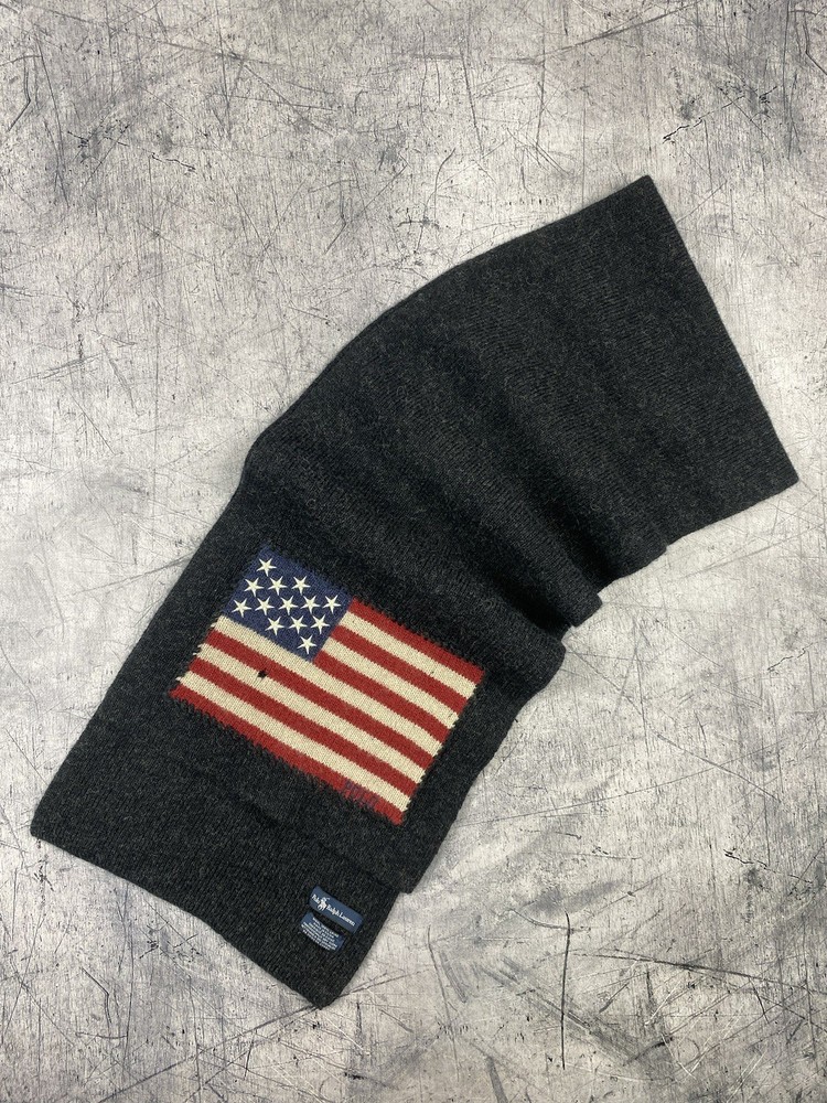 Polo Ralph Lauren Men's Wool American Flag USA Knit Scarf Grey Vintage Rare