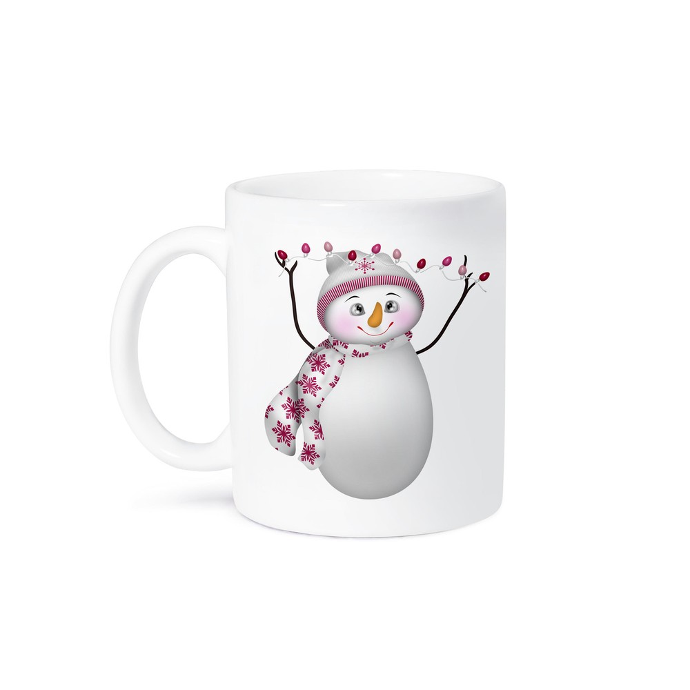 3dRose, Cute Pink and White Christmas Snowman With Christmas Lights, Mug