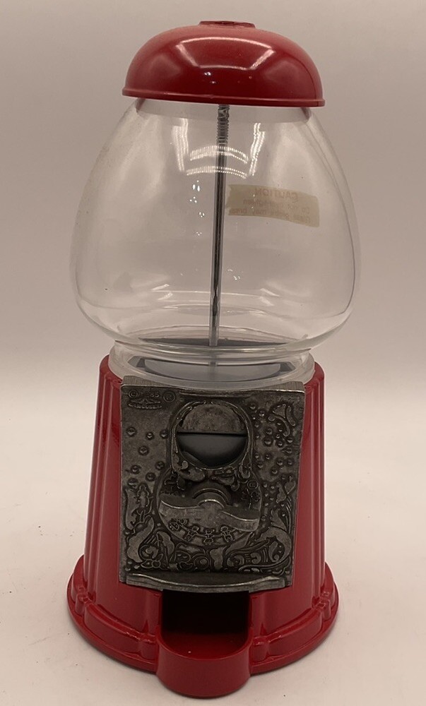 1985 Vintage Red Petite CAROUSEL Gumball Machine Metal w Glass Globe works 9
