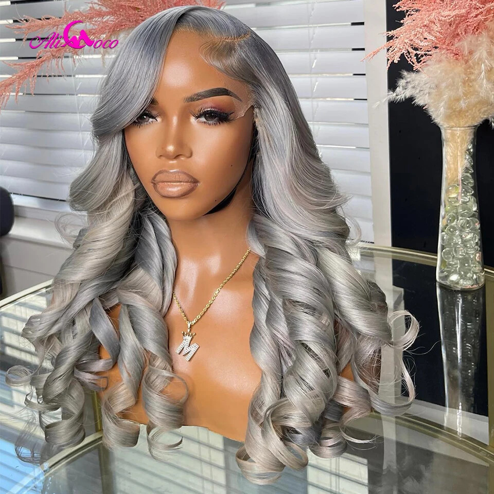 13×4 Grey Body Wave Lace Front Wig Human Hair Pre Plucked Glueless Silver