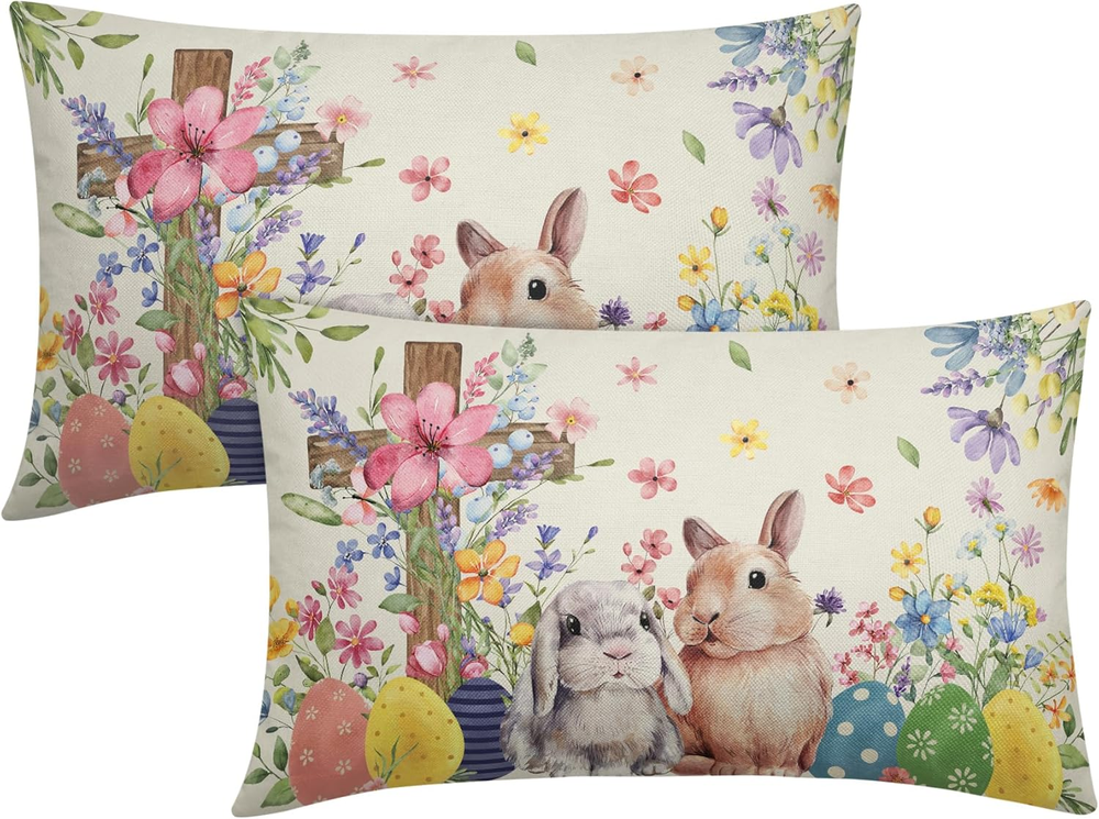 Easter Spring Rabbit Bunny 12x20 Colorful Flower Cross Pillow Cover Set of 2