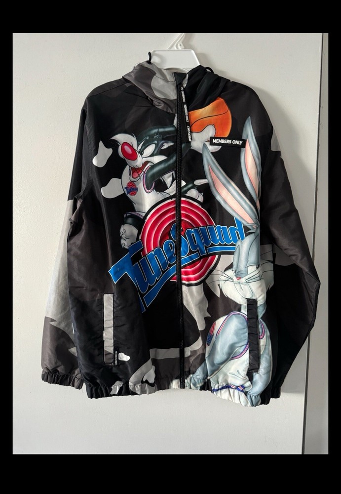 Members Only Space Jam Black Windbreaker Hooded Jacket w/ Bugs Sylvester Design-image