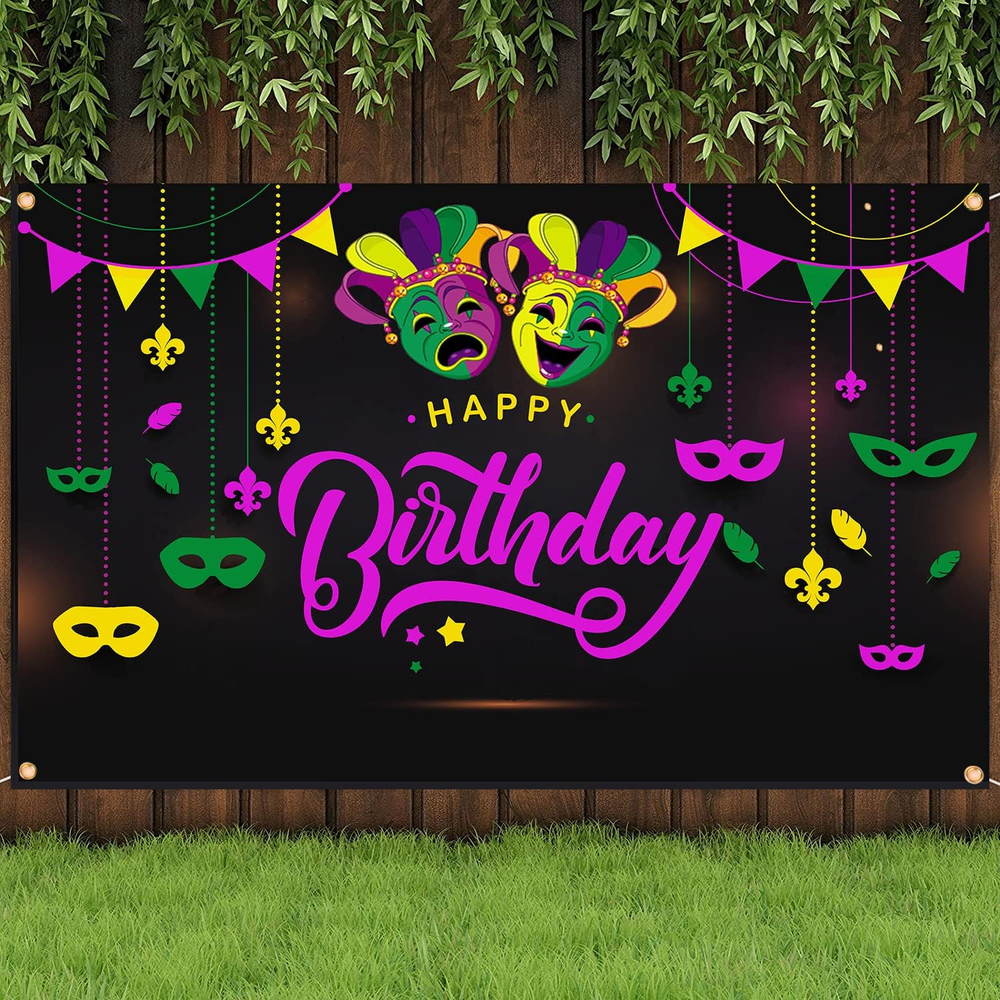 4X6Ft Mardi Gras Happy Birthday Backdrop Banner,Mardi Gras Birthday Party Photog