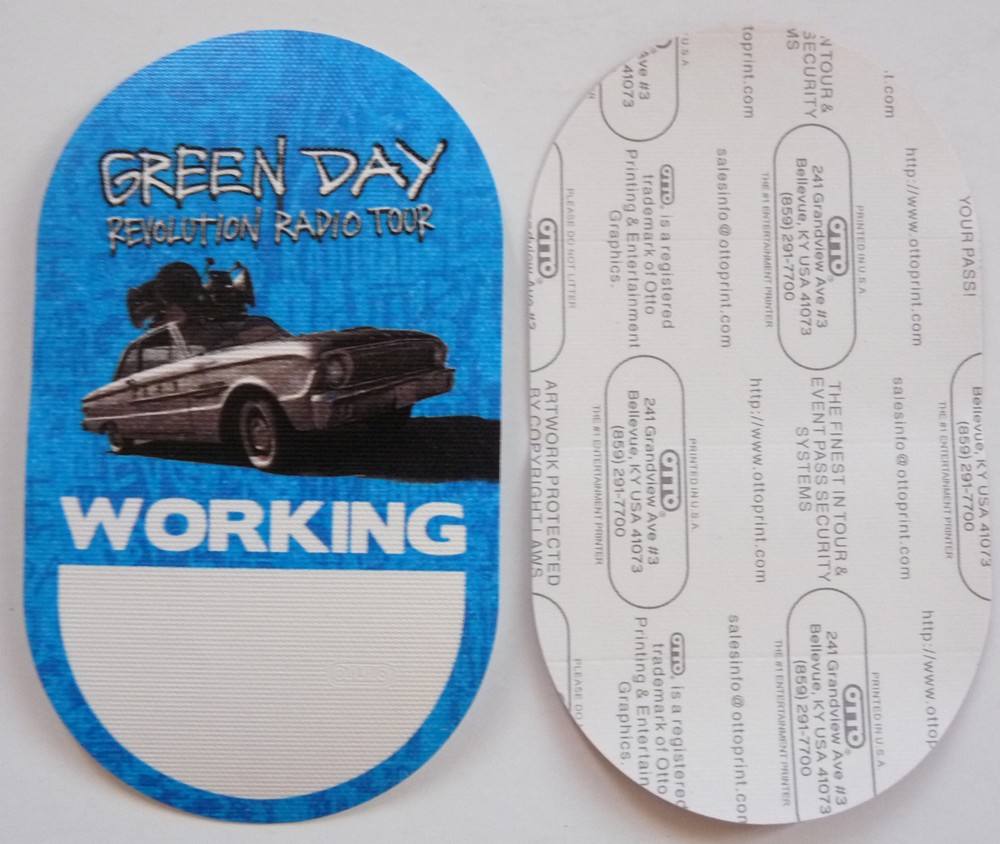 Green Day Revolution Radio Tour Concert Light Blue Working Backstage Pass D4