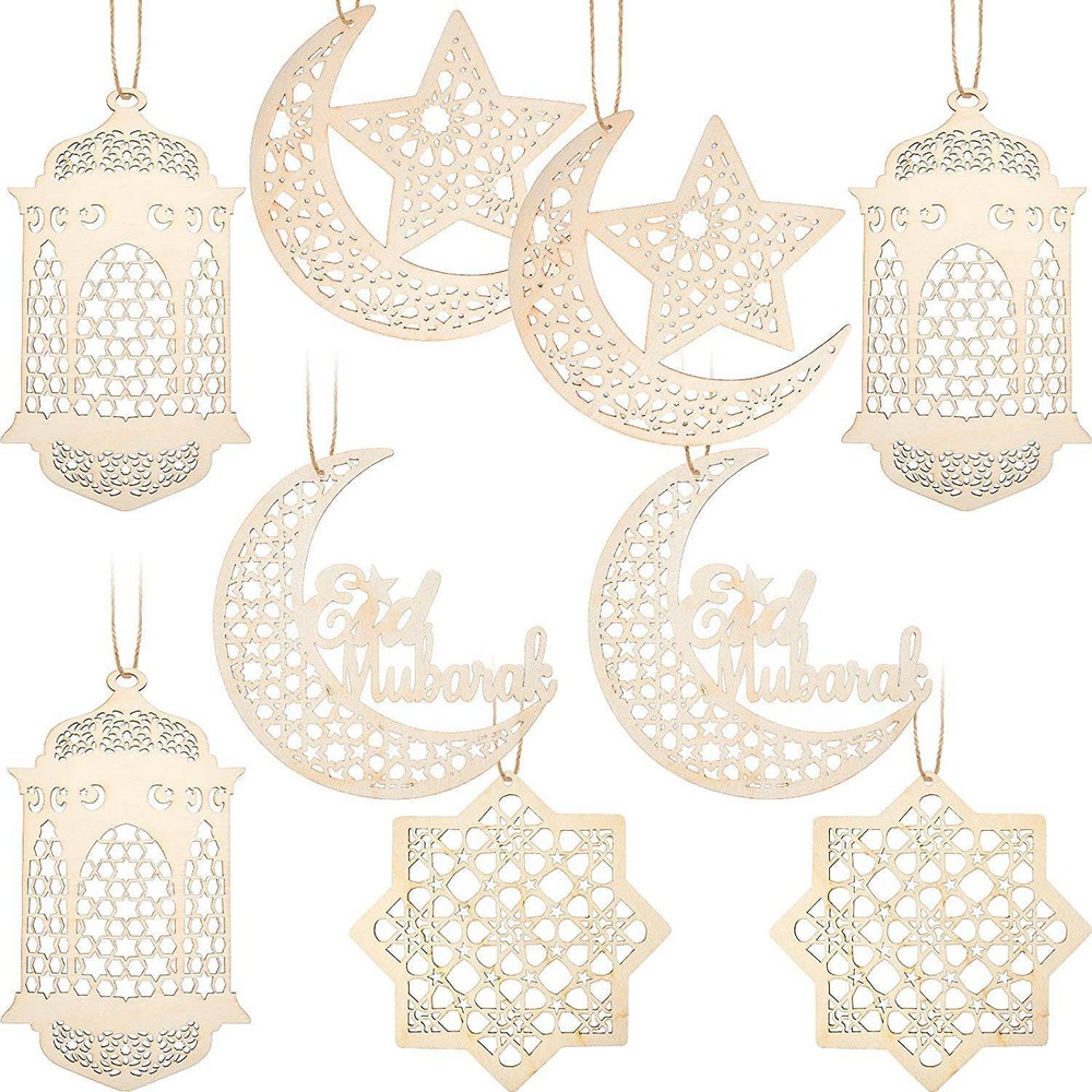 9Pcs Wooden Pendant Ornament Ramadan Hollow Decoration  Star Wind Light3172