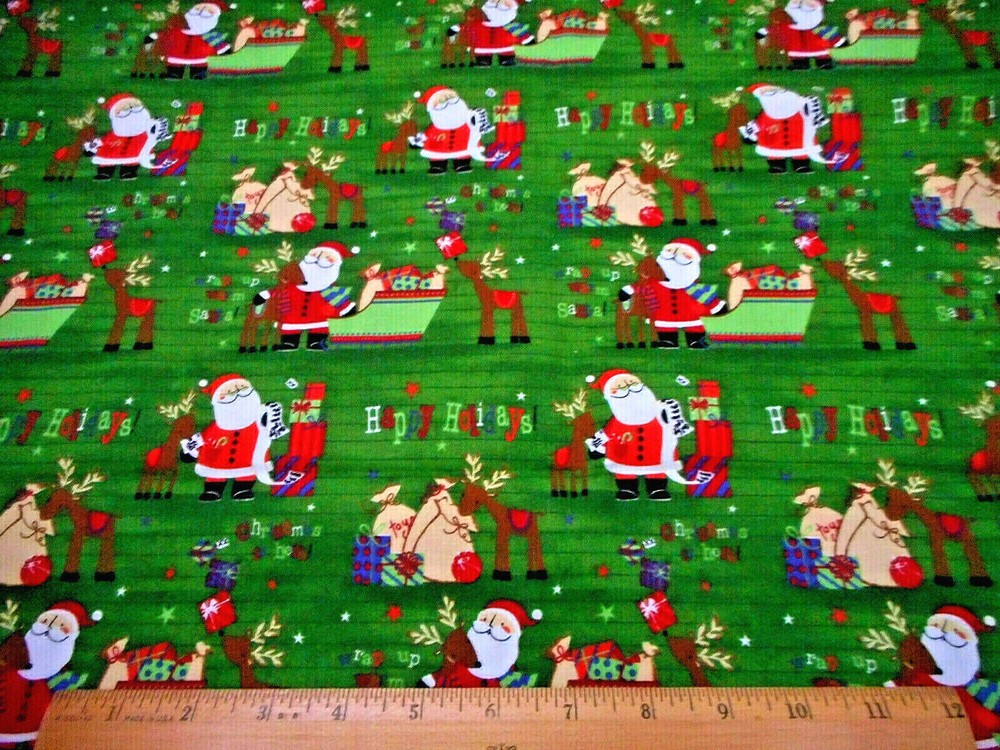 Christmas Fabric 1 1/2 Yard SALE Santas List Reindeer Gift Green Cotton #20 #C-image