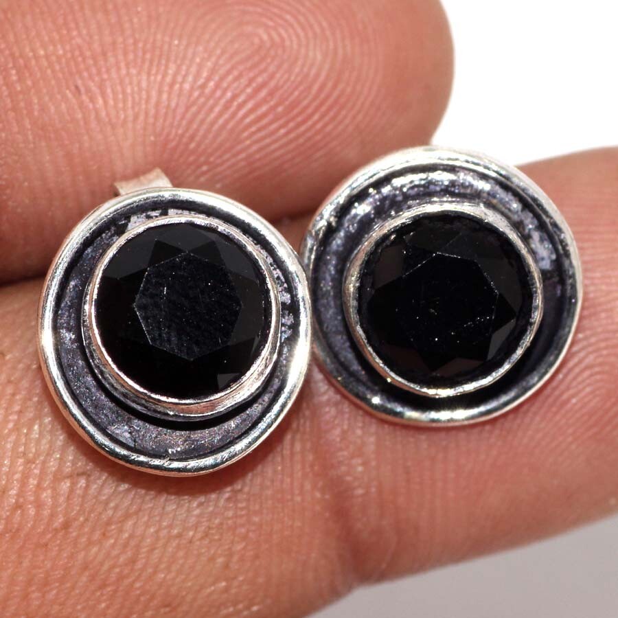 925 Silver Plated-Black Onyx Ethnic Stud Earrings Jewelry 10mm JW