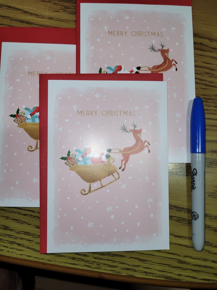 3 UK Christmas Greeting Cards Santa Fun Cute Pink Design