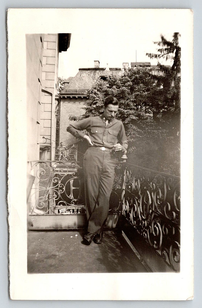 Vintage WW2 Military Man Smoking on Balcony in France Antique Photo