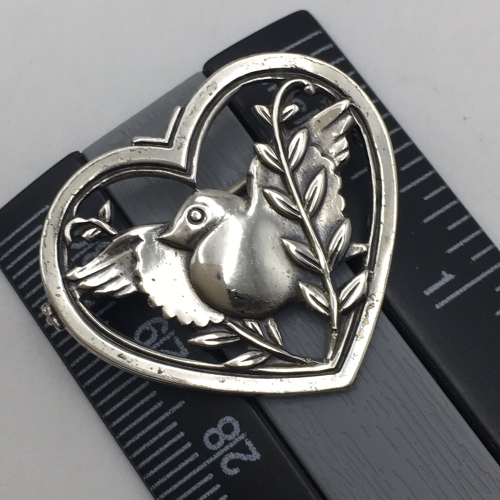 Vintage J Coro 925 Sterling Silver Bird Branch Heart Pin Brooch #78