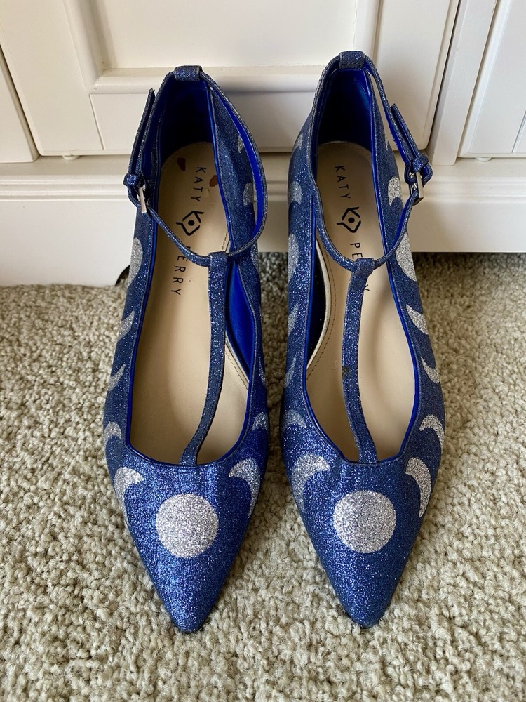 Katy Perry Blue Silver Glitter Moon Phase T-Strap Mary Jane Flats Size 9