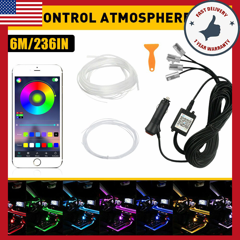 6M RGB LED Interior Car Fiber Optic Wire Neon Strip Atmosphere Light Kit APP 1pc