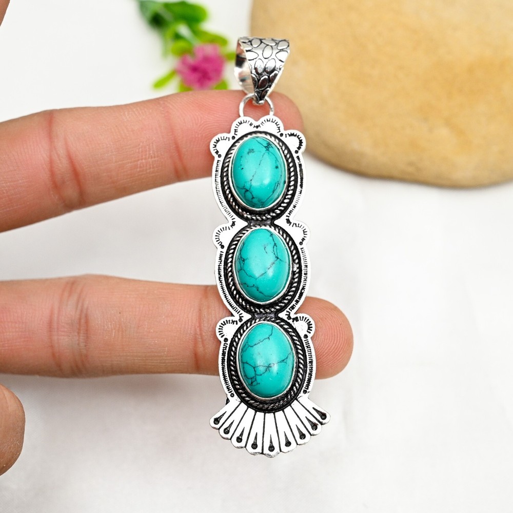 Natural Turquoise Gemstone Pendant in 925 Sterling Silver Handmade Jewelry Gift