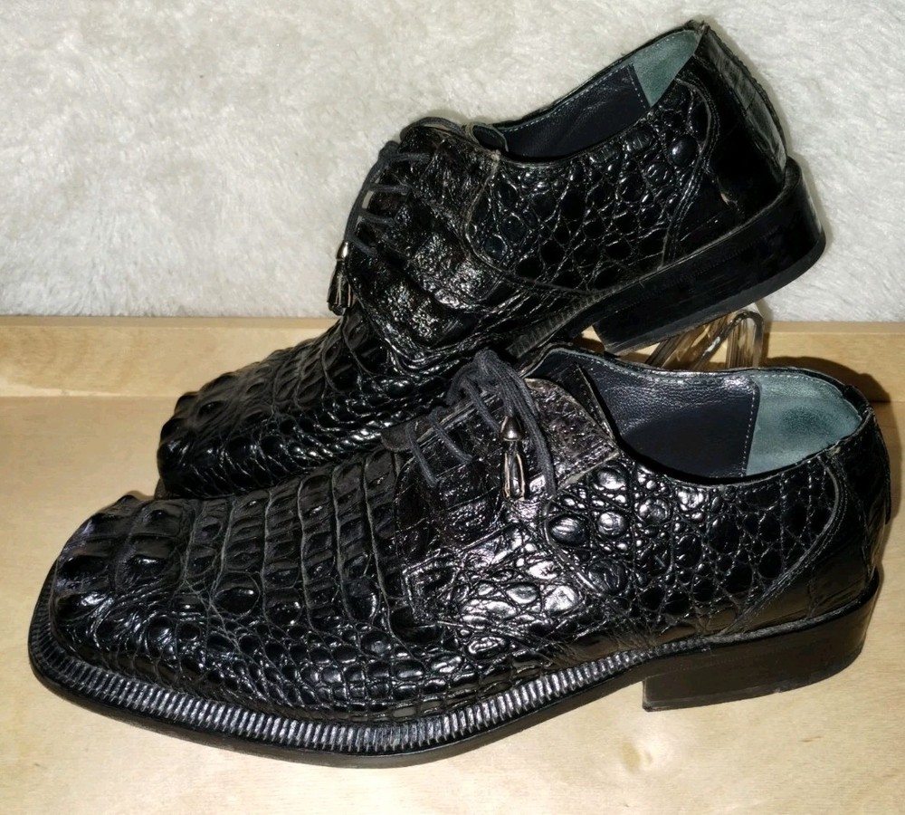 SLICK EXOTICA MEN'S BLACK GENUINE FULL ALLIGATOR HORNBACK OXFORDS SIZE 9