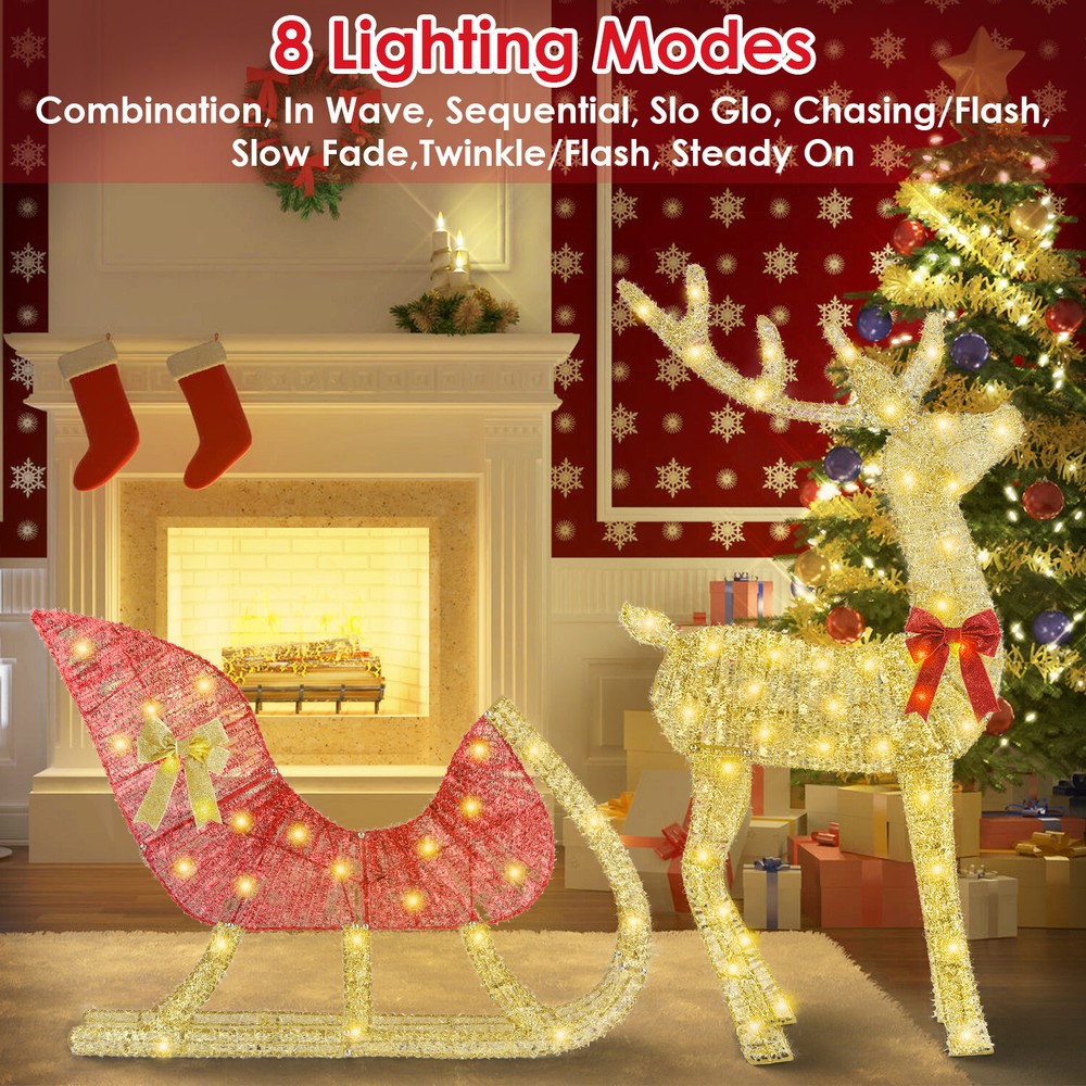 Outdoor Christmas Decoration Reindeer & Sleigh Display with 8 Lighting Modes