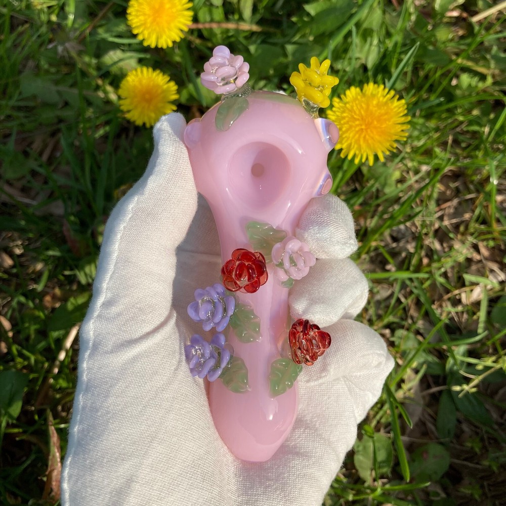 Handmade Pink Flowers Glass Pipe Smoking Pipe Hand Spoon Tobacco Smoke Bowl