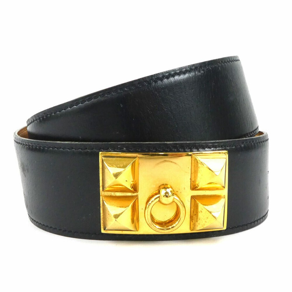 HERMES Belt Collier de Cyan Box Calf Black Gold shows wear with scratches and stains  
