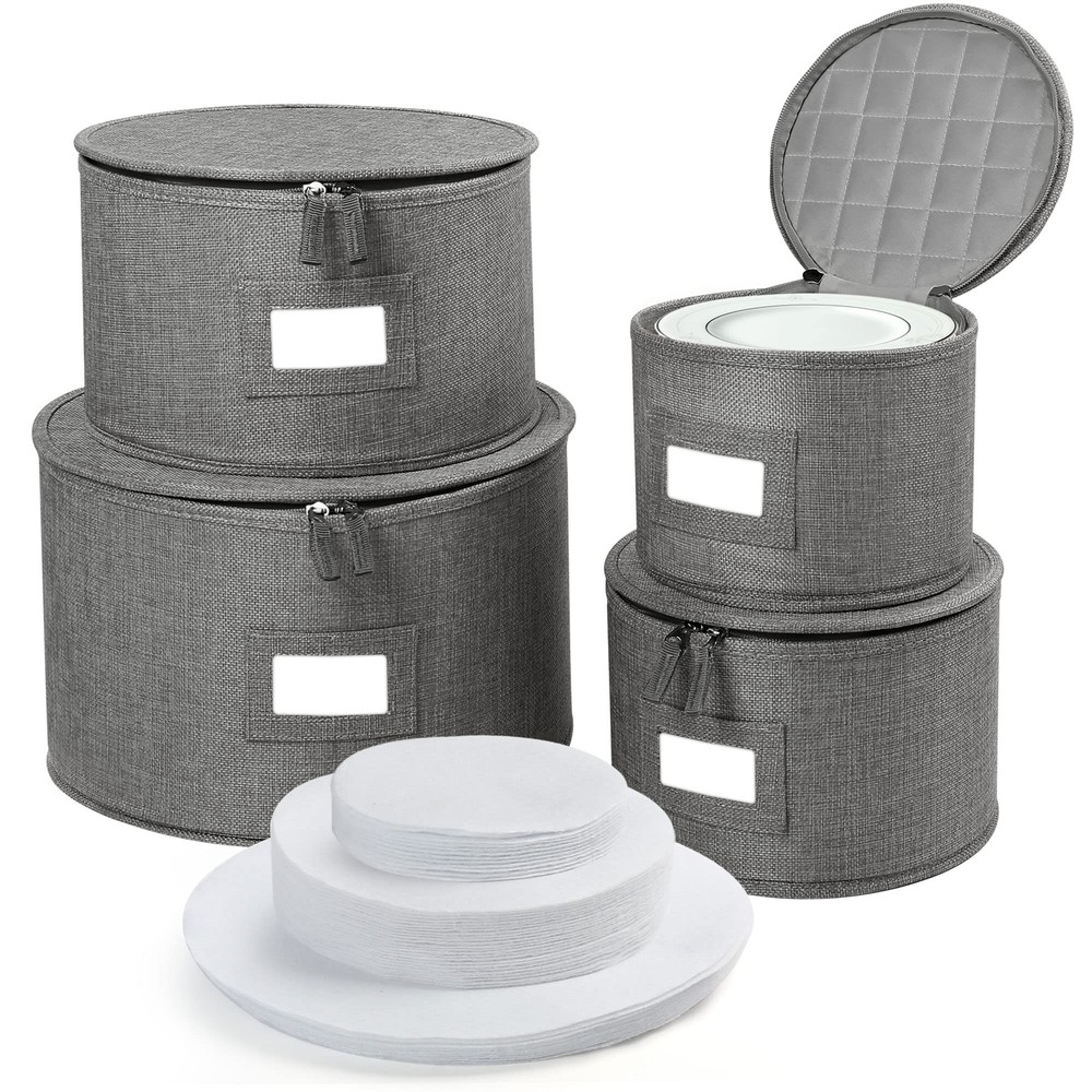 LotFancy 4PC Stackable Plate Organizer Bins with 48 Dividers Grey