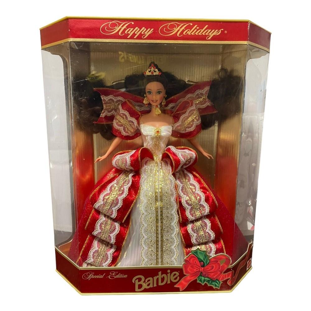 Barbie Happy Holidays 1997 Misprint SE Green Eyes Gold Backg NRFB