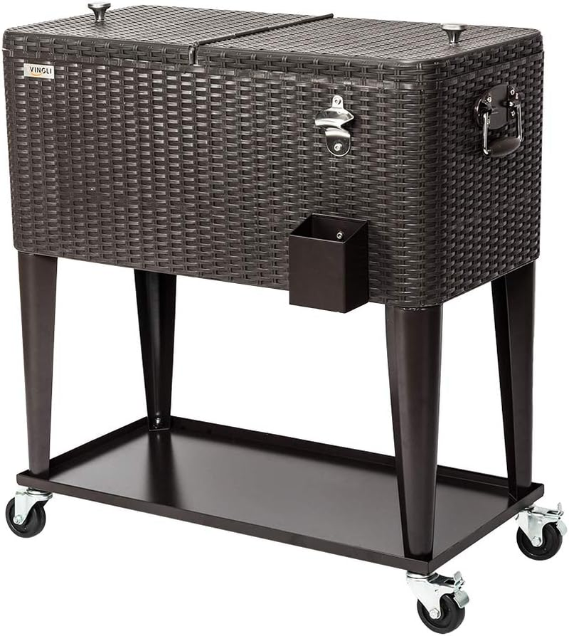 VINGLI 80 Quart Rolling Ice Chest, Portable Patio Party Bar Drink Cooler Cart, w