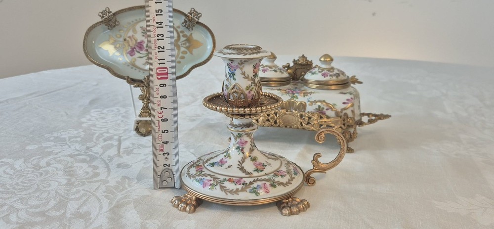 Vintage Limoges France Hand Painted Porcelain Ormolu Desk Set (3 pcs)