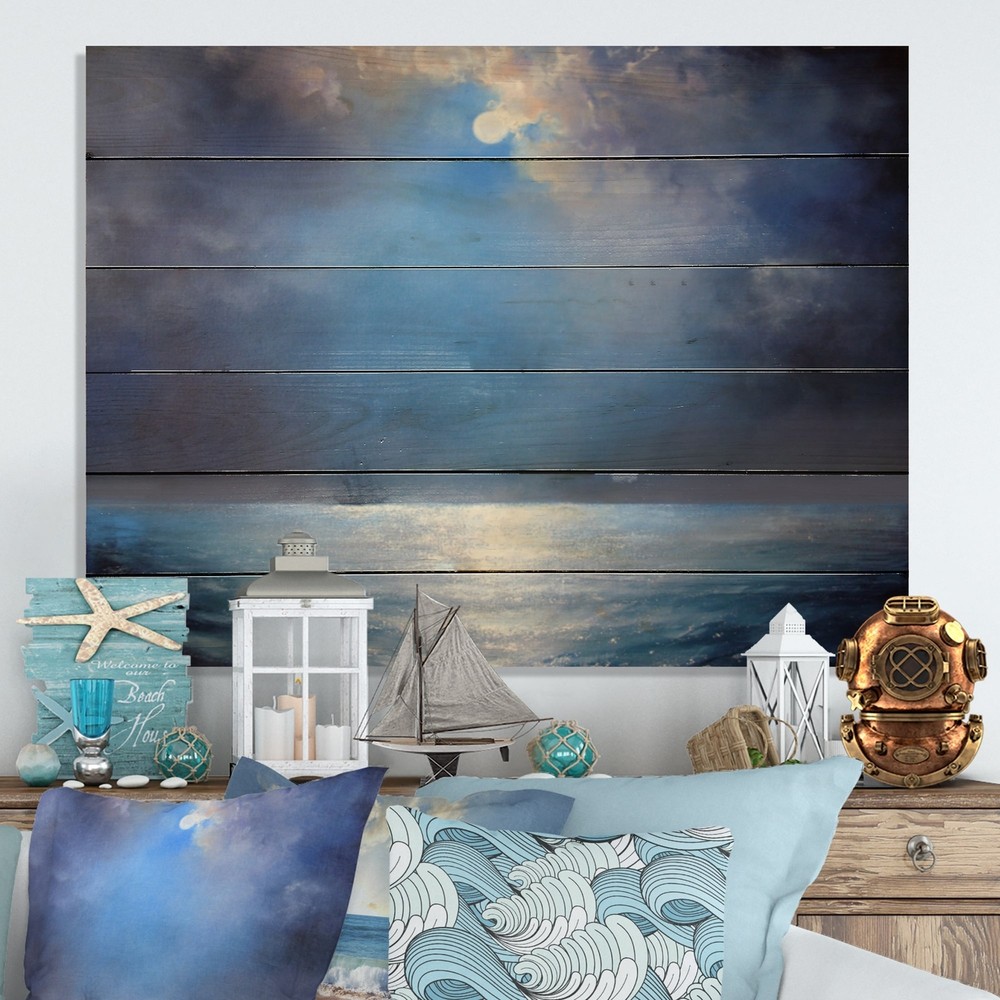 Designart 'Seascape Moonlit Night' Nautical & Coastal Wood Wall Art - Natural