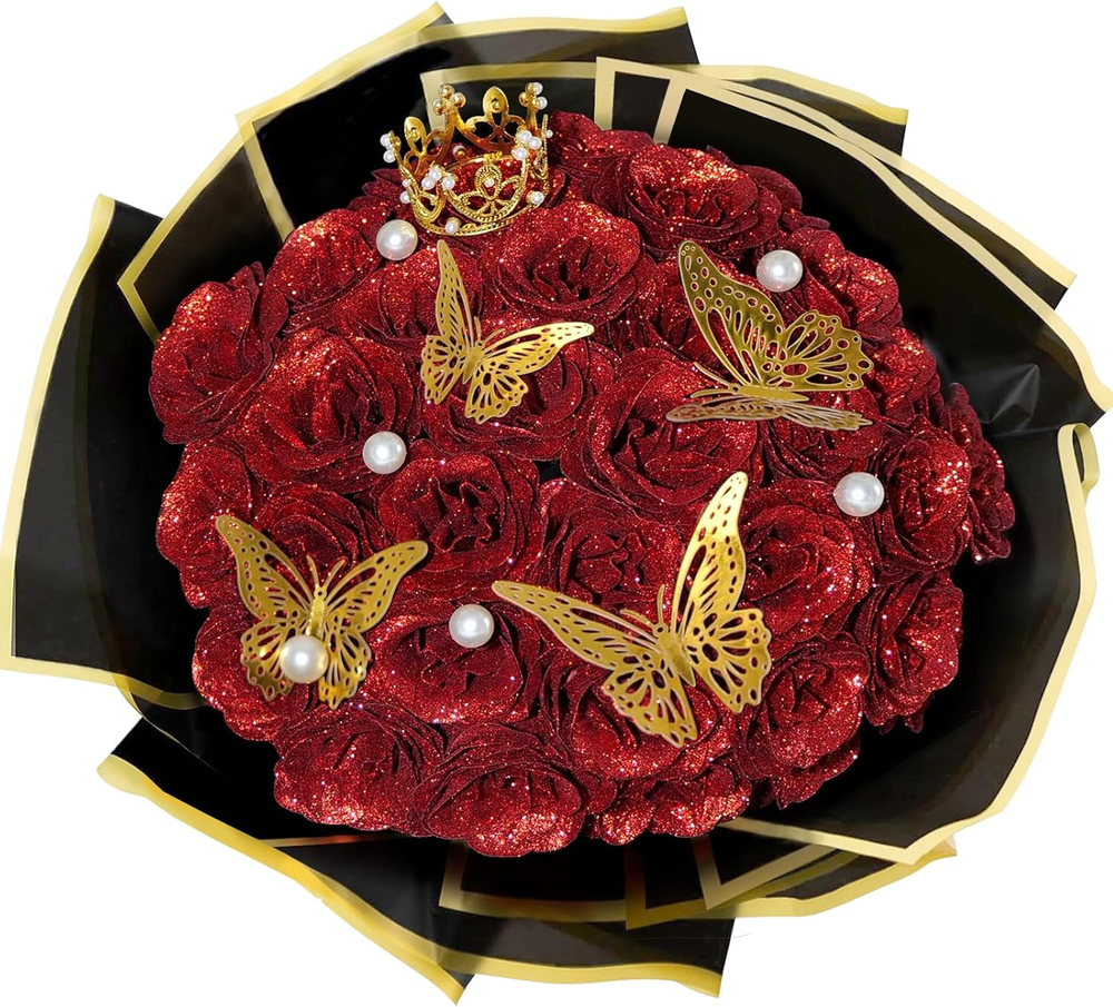 Red Glitter Roses Bouquet, 24 Pcs Shiny Glitter Flowers Bouquet, Everlasting Art
