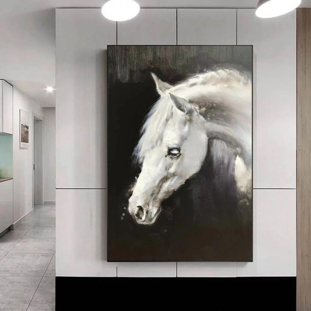 Horse Face Oil Painting, Black & White Unframed Canvas Print Australian Wall Art