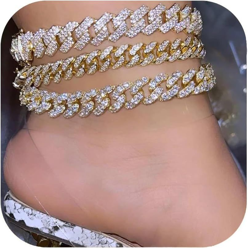 Gold Silver Cuban Link Ankle Bracelets for Women 9 Inch Adjustable