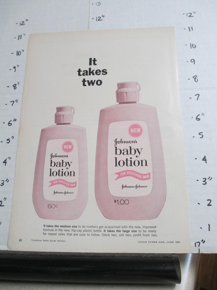 magazine ad 1960s JOHNSON'S baby lotion bottle 2 sizes